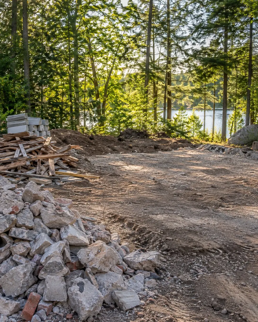 Cleared ground and sorted material on a wooded land project
